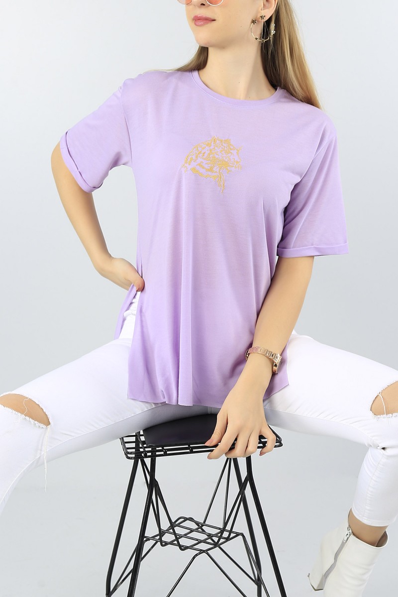 Lila Nakışlı Duble Kol Bayan Tişört 55152