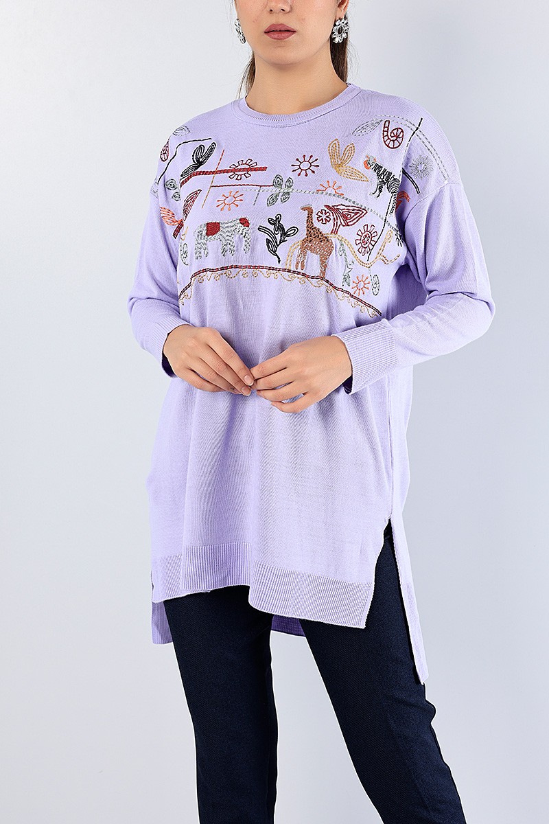 Lila Nakışlı Triko Kazak Tunik 78871