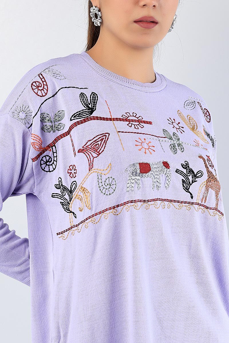 Lila Nakışlı Triko Kazak Tunik 78871