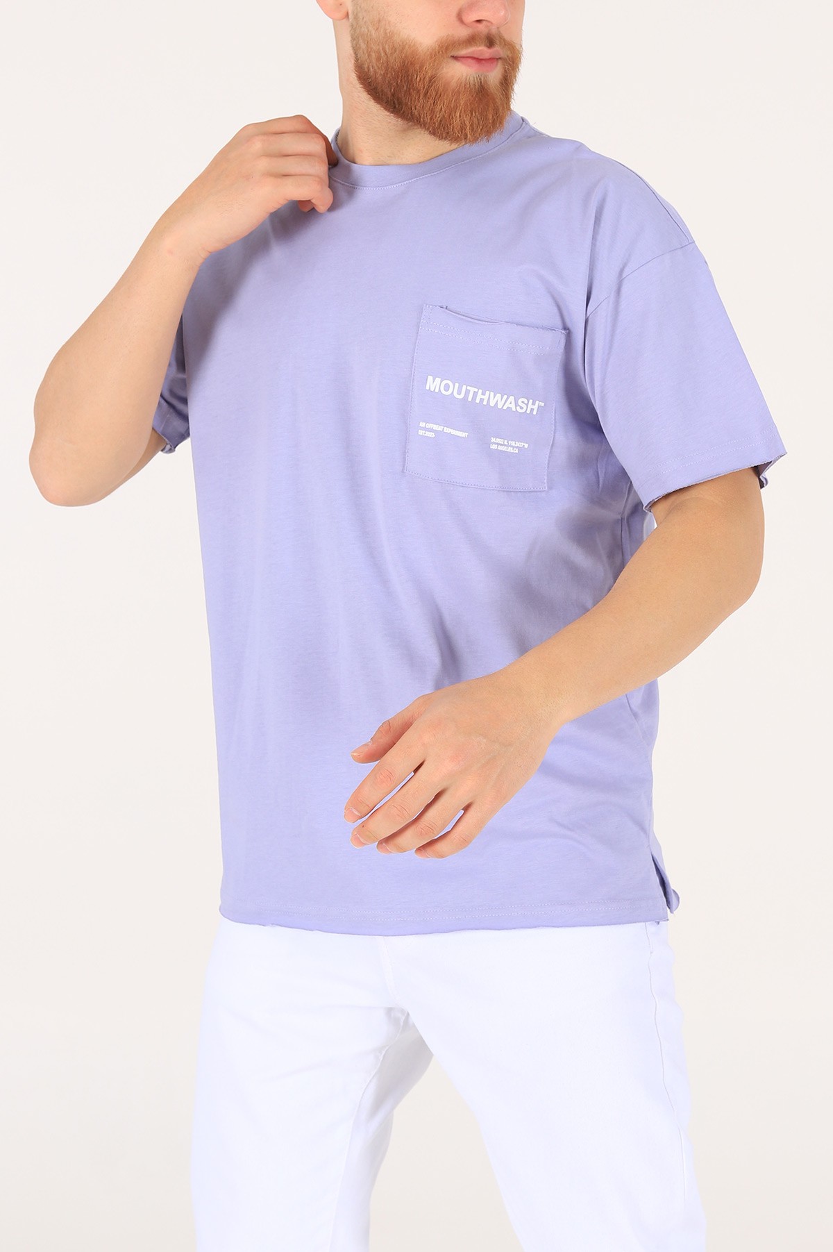 Lila Oversize Cep Detay Baskılı Tişört 171976