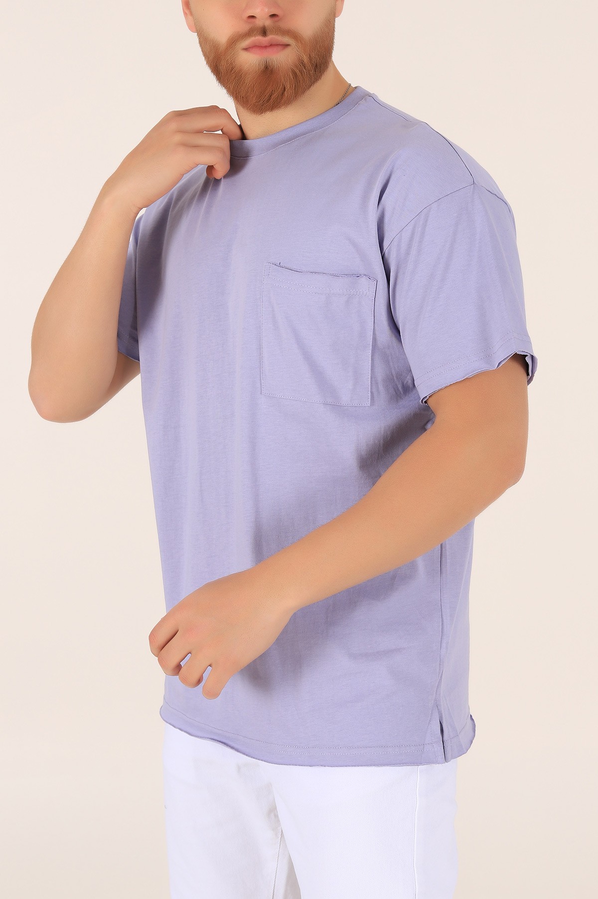 Lila Oversize Cep Detay Erkek Tişört 169693