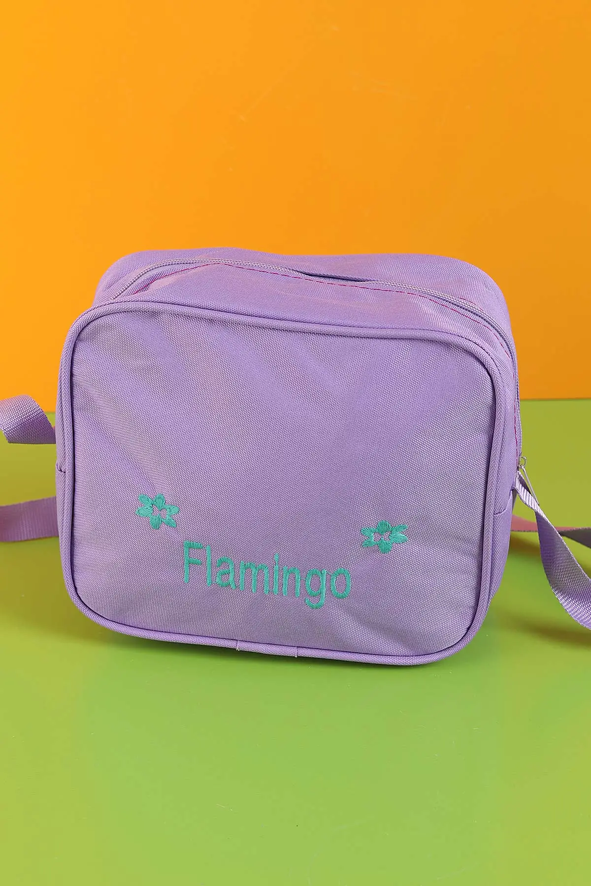Lila Peluş Flamingo Kabartma Desenli Beslenme Çantalı İkili Sırt Çantası Seti 288993