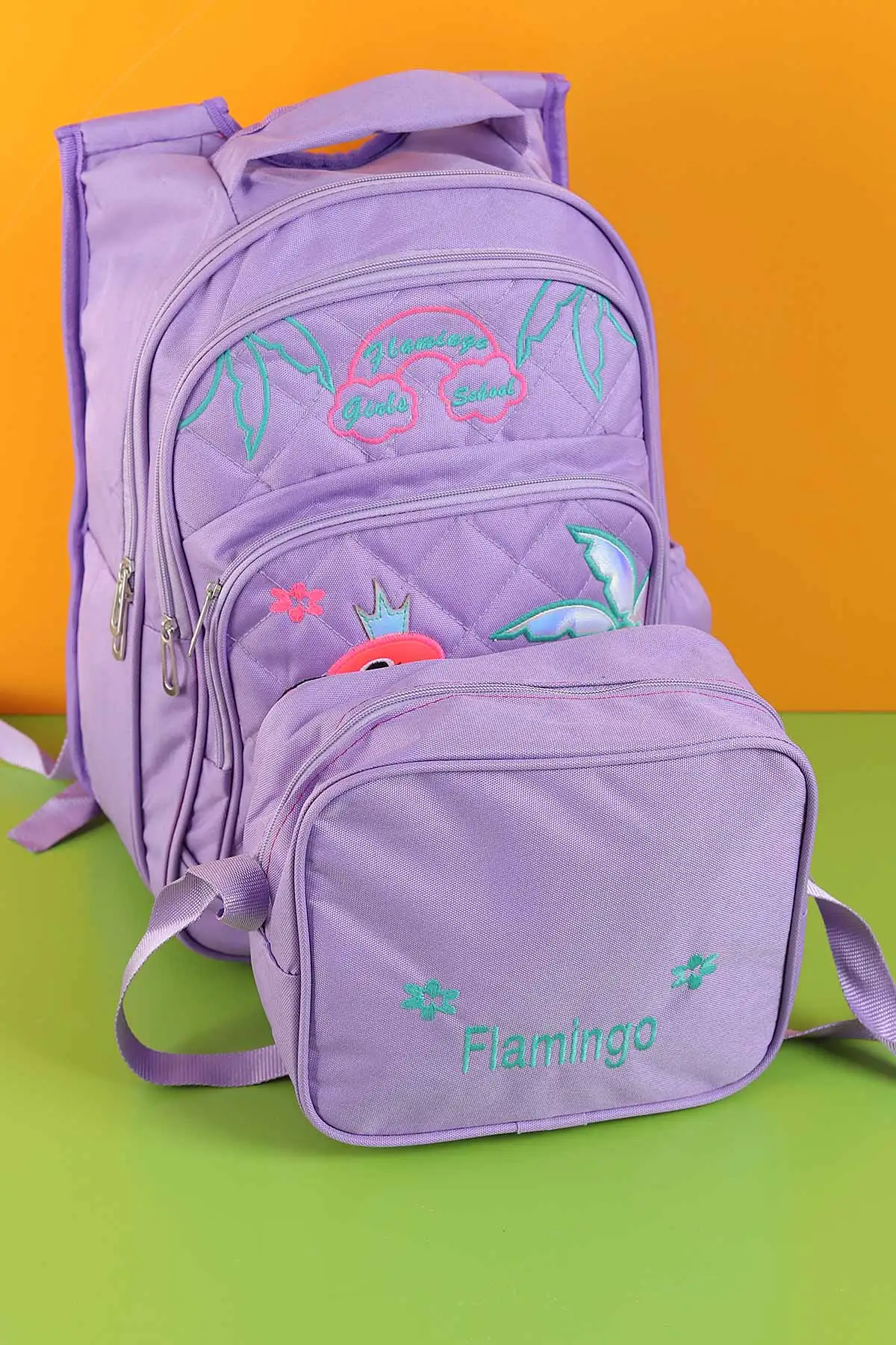Lila Peluş Flamingo Kabartma Desenli Beslenme Çantalı İkili Sırt Çantası Seti 288993