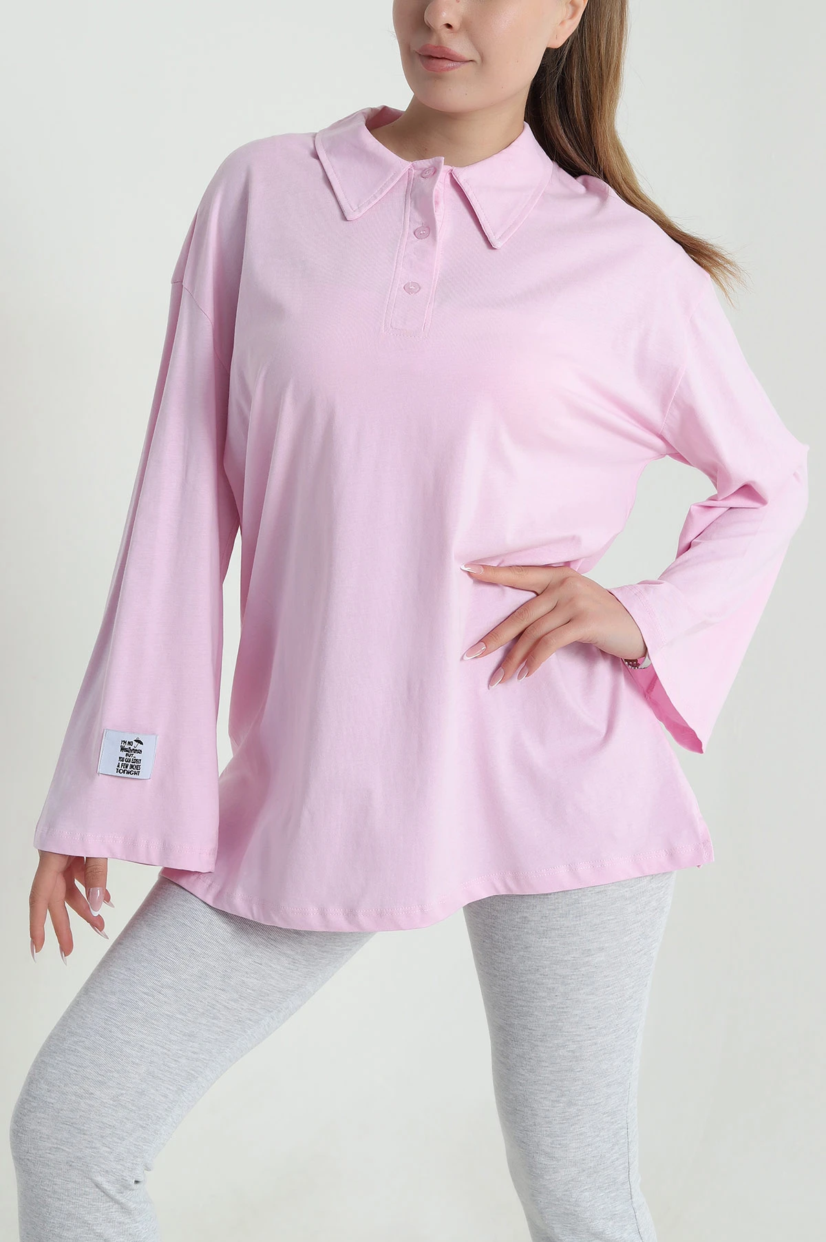 Lila Polo Yaka Salaş Uzun Kol Kadın Tunik 484874