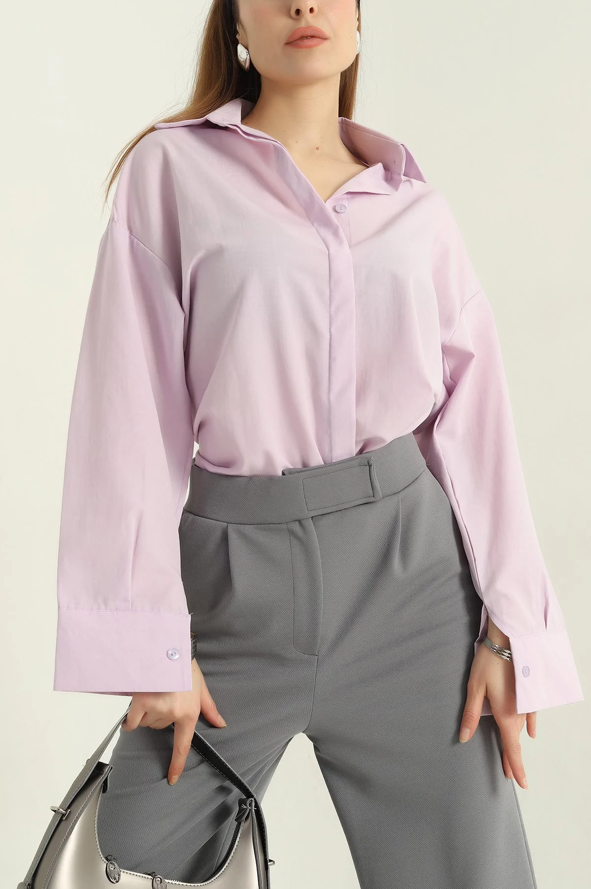 Lila Poplin Kumaş Gizli Pat Kadın Gömlek 360964