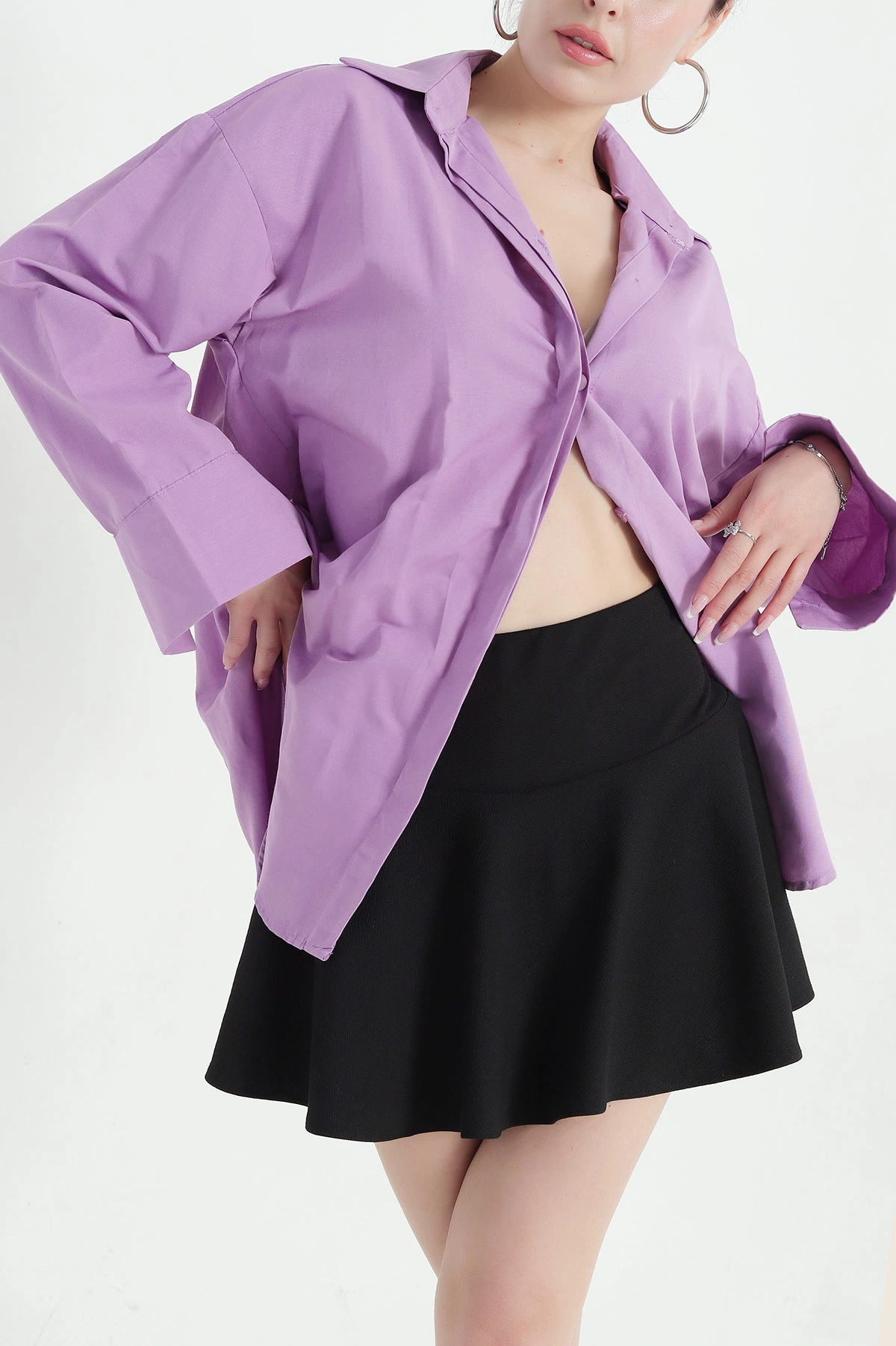Lila Poplin Kumaş Gizli Pat Kadın Gömlek 373061