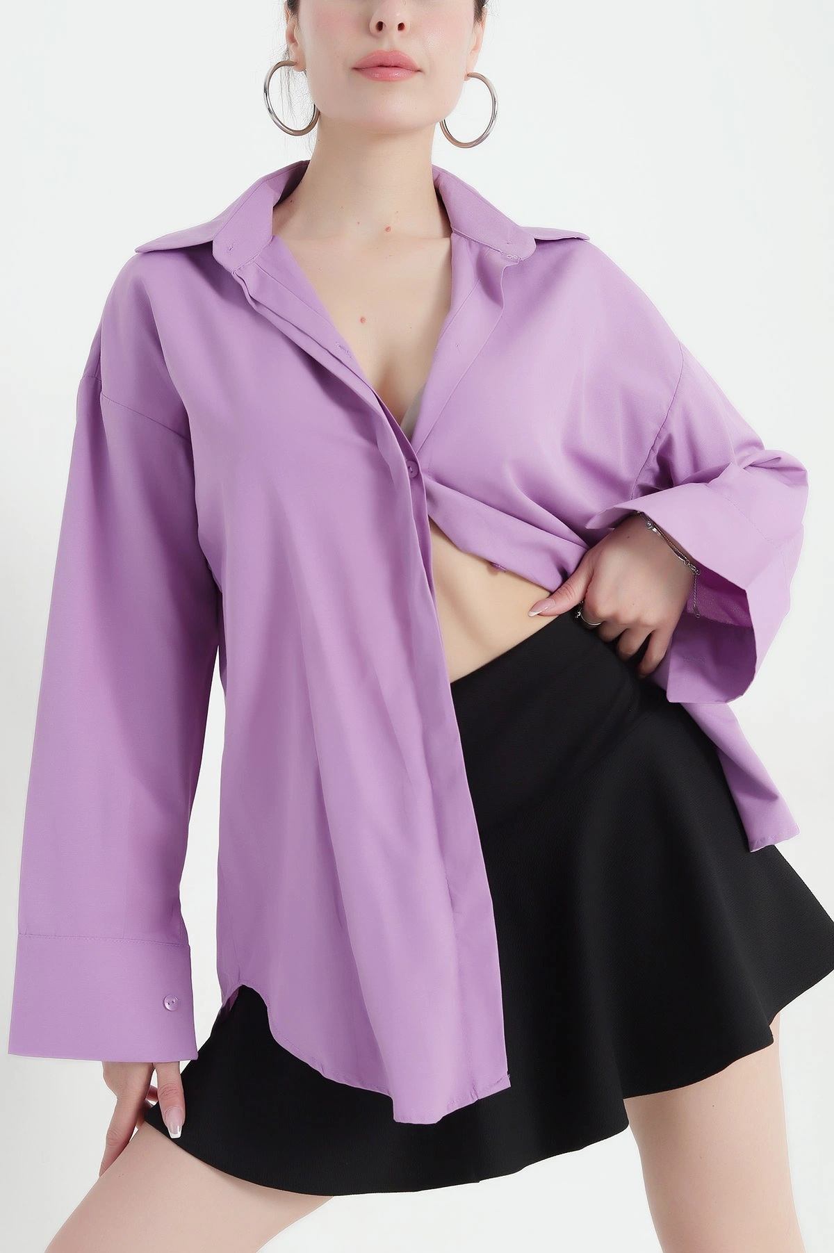 Lila Poplin Kumaş Gizli Pat Kadın Gömlek 373061