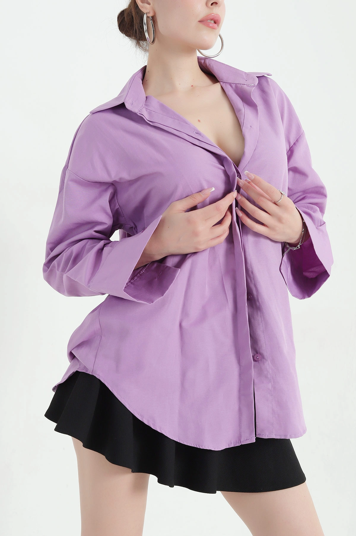 Lila Poplin Kumaş Gizli Pat Kadın Gömlek 373061