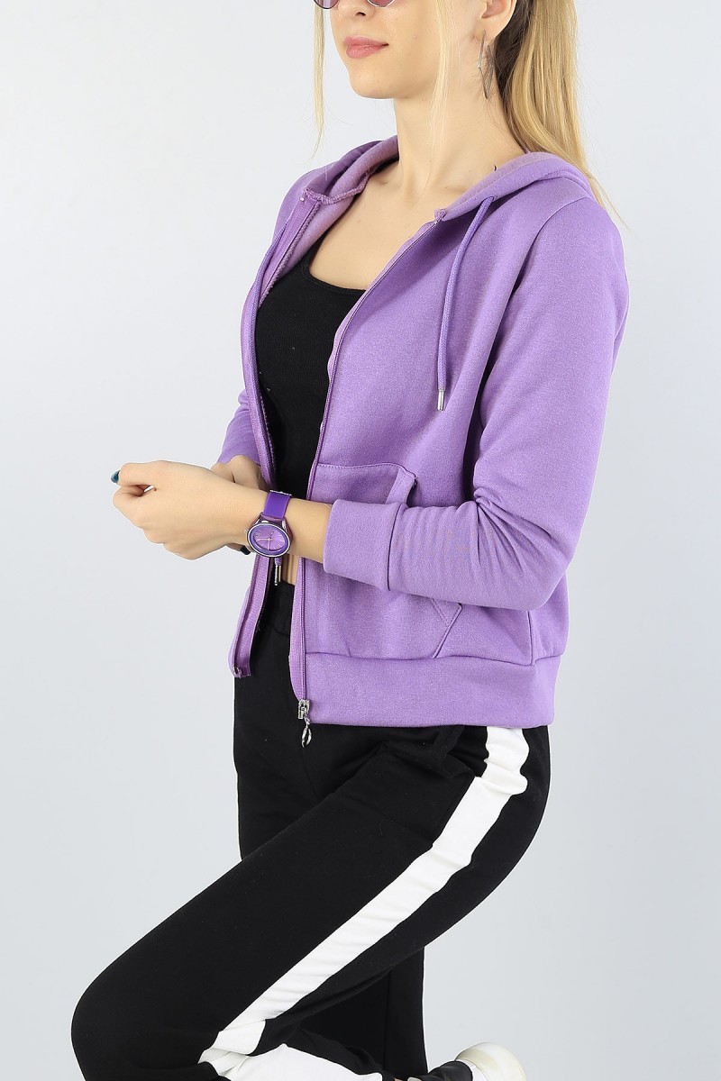 Lila Şardonlu Bayan Fermuarlı Sweat 54262