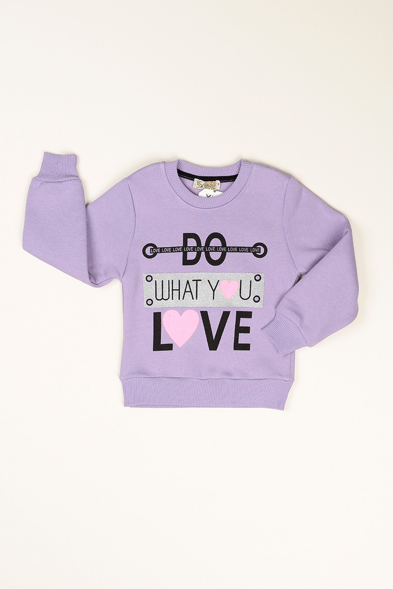 Lila Sim Baskılı İçi Şardonlu Kız Çocuk Sweat 77536