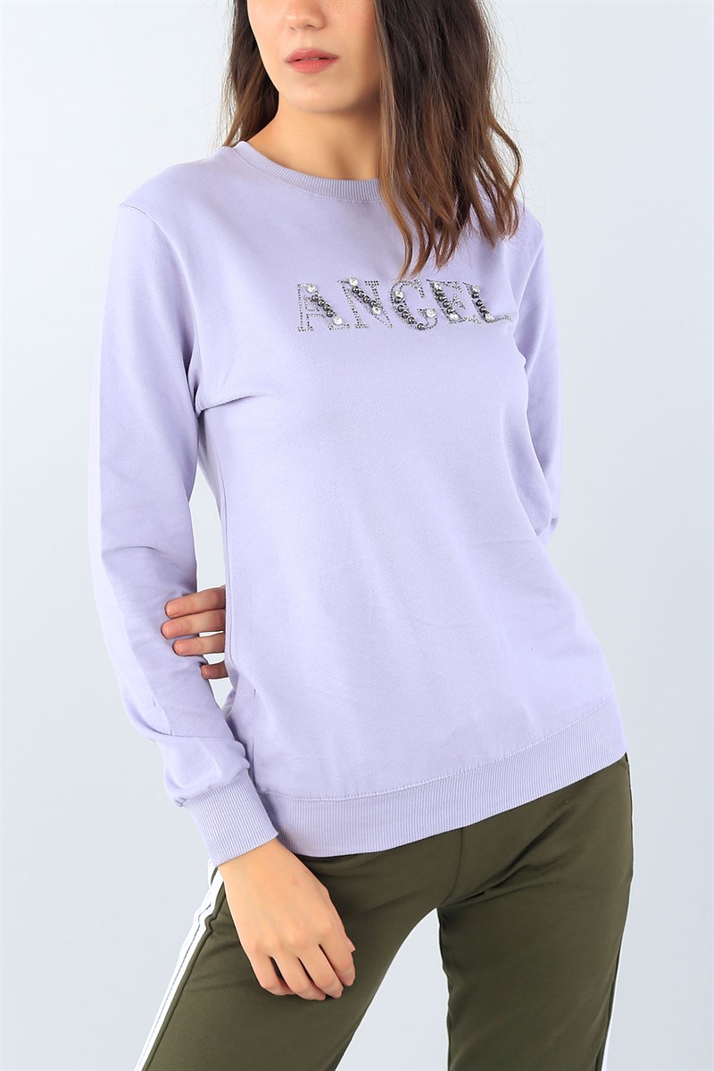 Lila Sırt Detay Taş İşlemeli Tasarım Sweat 39187