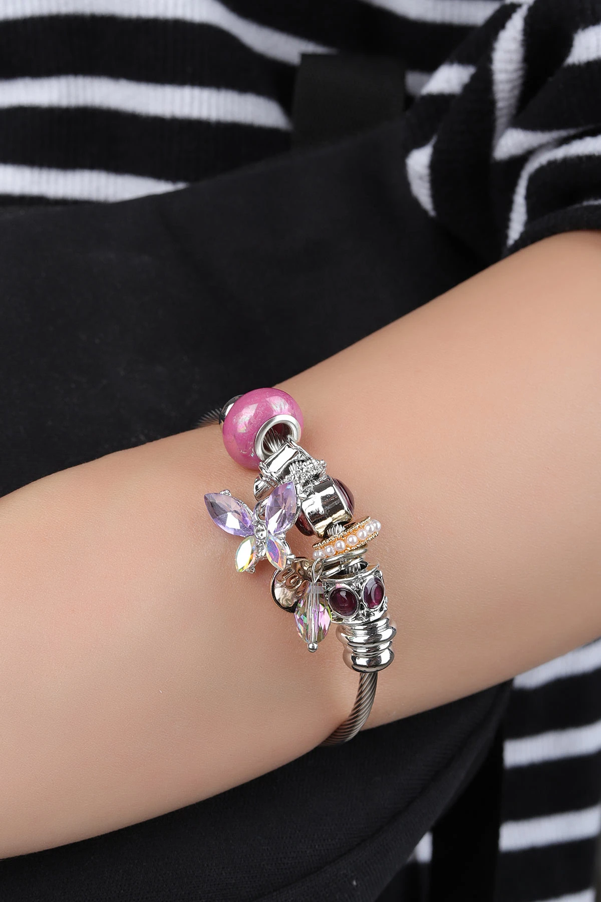 Lila Taşlı Kelebek Detaylı Çelik Pandora Bileklik 318419