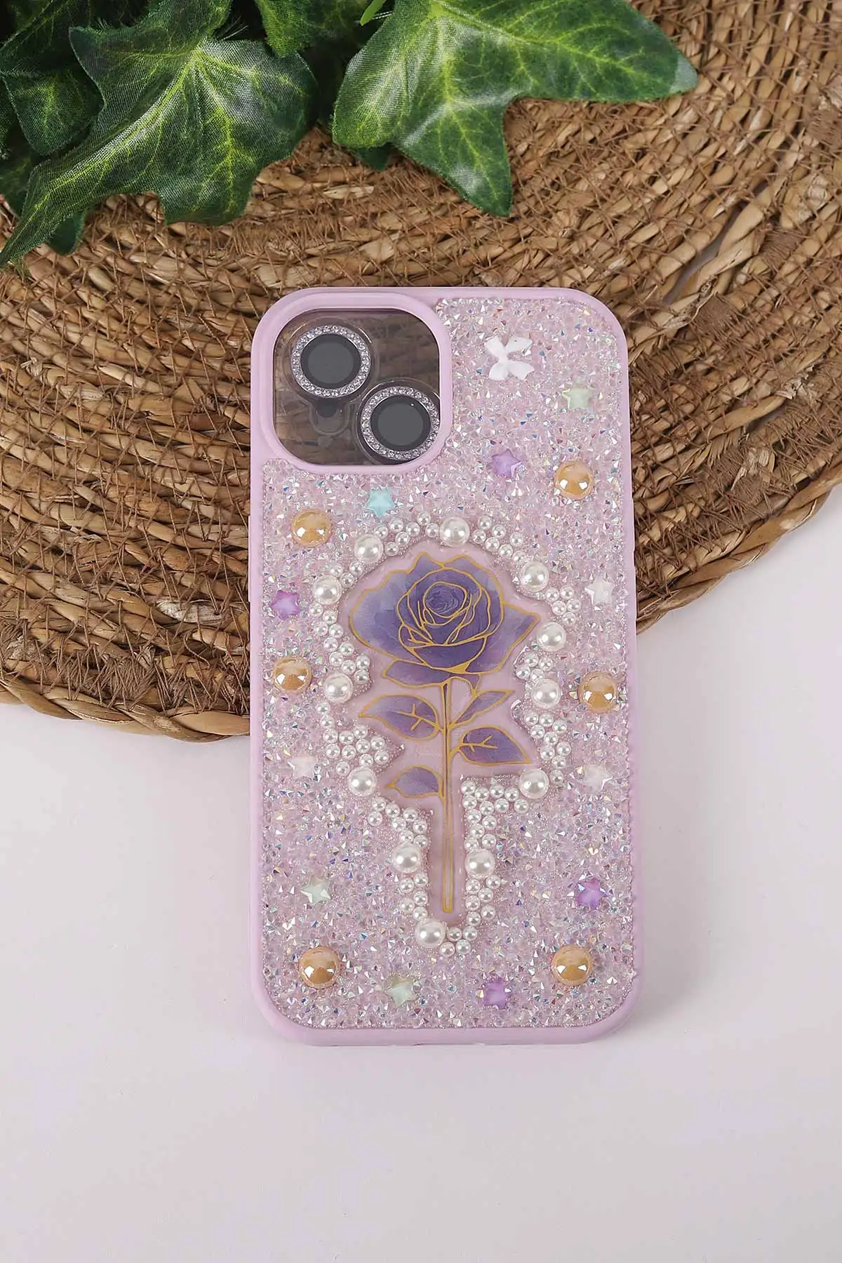 Lila TeknoCase İPhone 15 Uyumlu Afra Diamond Case Serisi Lens Hediyeli Premium Sert Silikon Telefon Kılıfı 430526