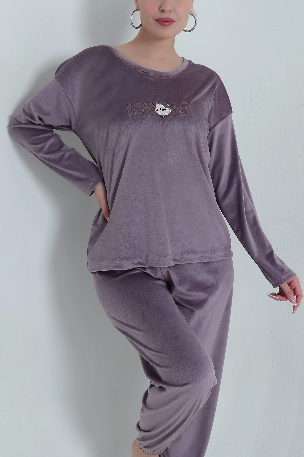 Lila Uzun Kollu Kadife Kadın Pijama Takımı 487755