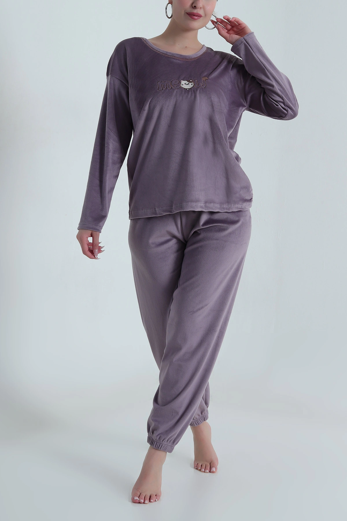 Lila Uzun Kollu Kadife Kadın Pijama Takımı 487755