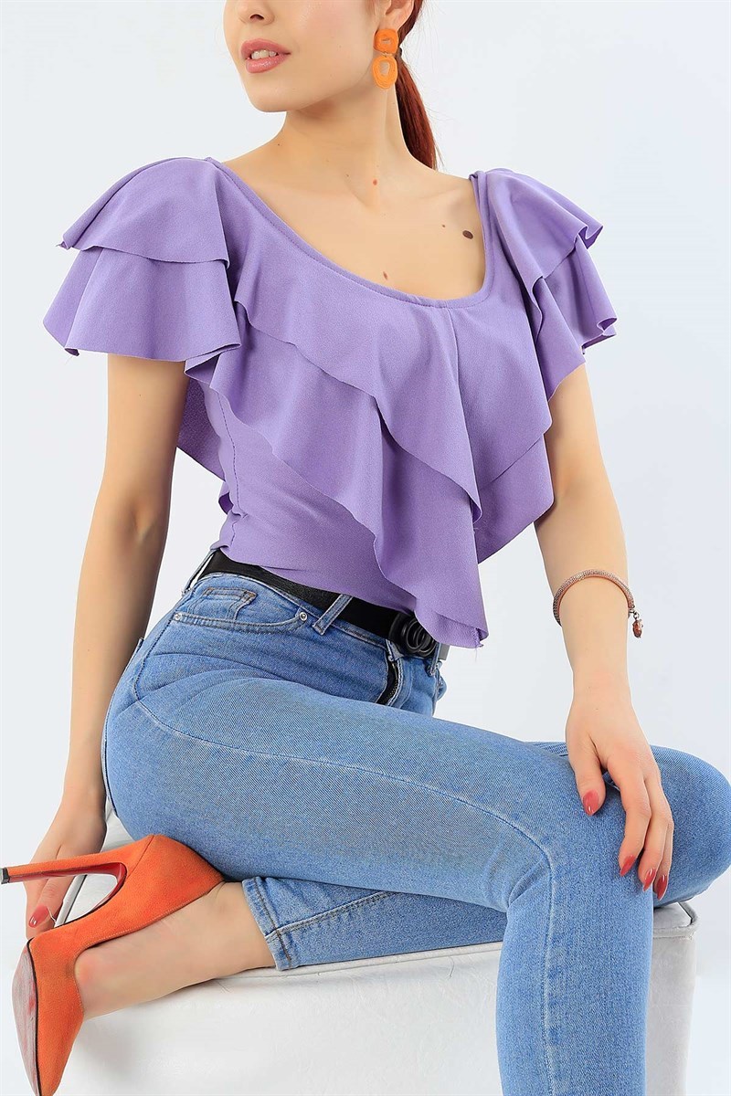 Lila Volanlı Likralı Bluz 31763