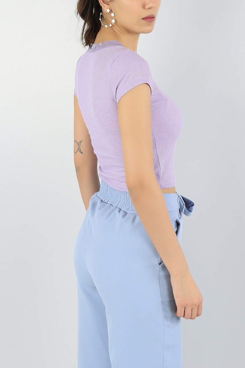 Lila Yakası Dantelli Bayan Likralı Crop 56782