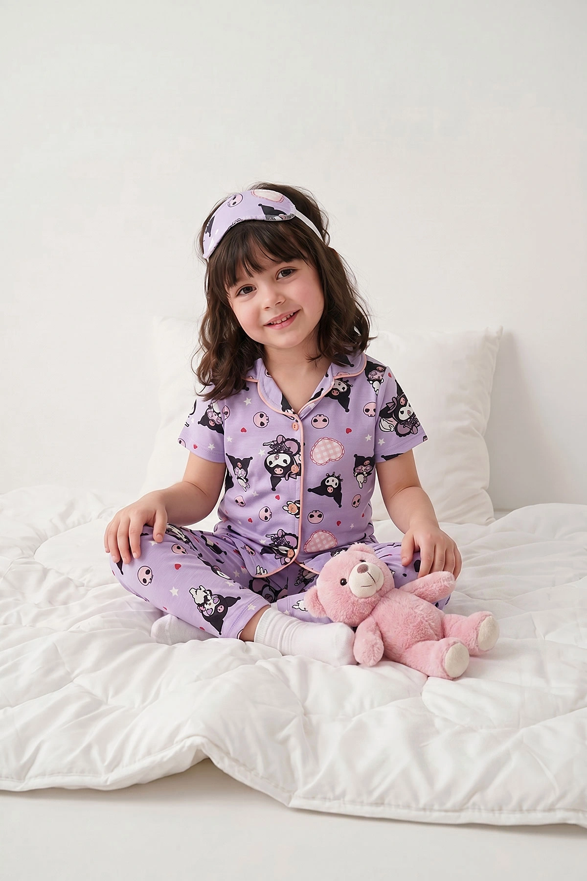 Lila(4-12 Yaş)Karakter  Baskılı Kısa Kol Ön Düğmeli Göz Bandı Detaylı Kız Çocuk Pijama Takım 453243
