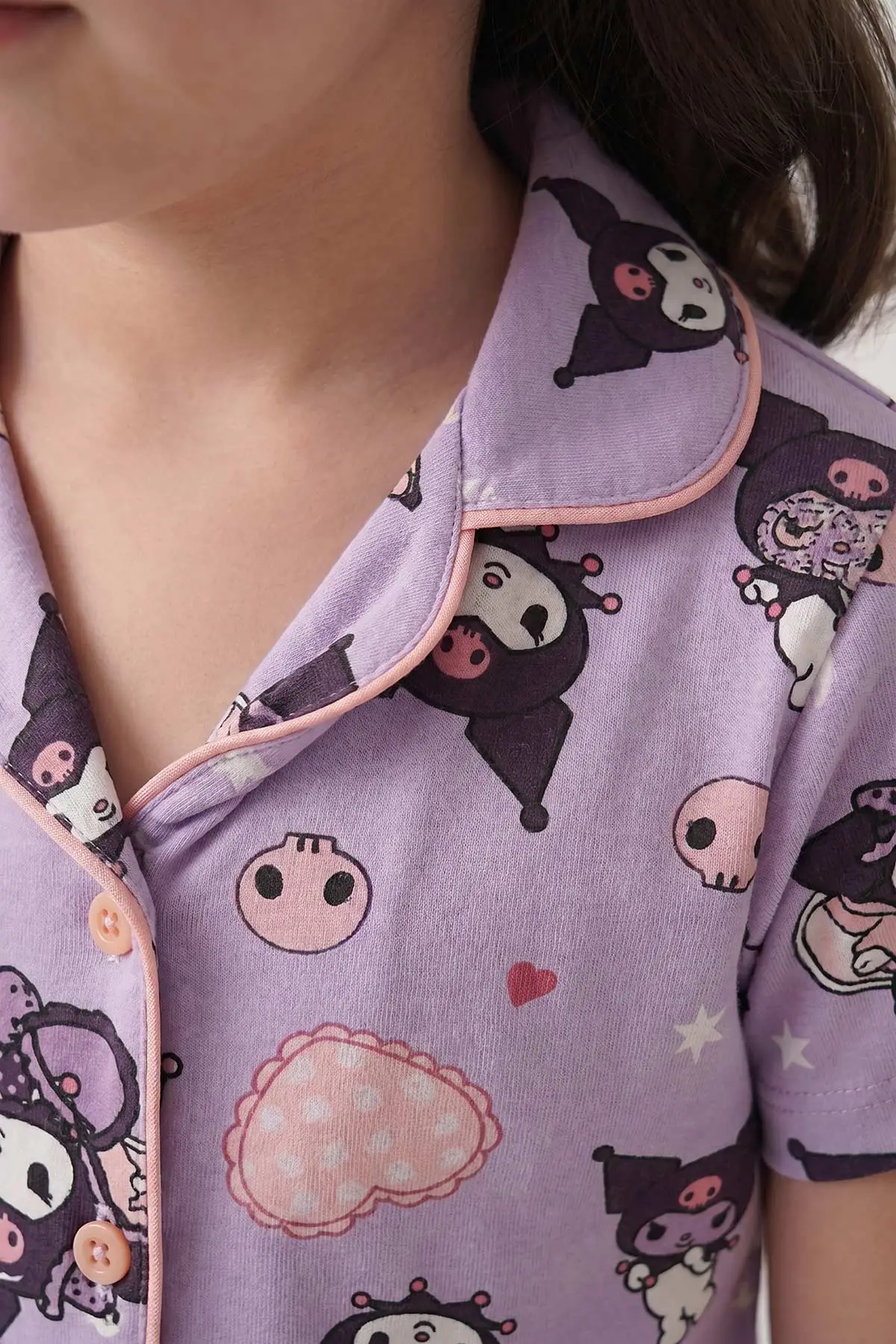 Lila(4-12 Yaş)Karakter  Baskılı Kısa Kol Ön Düğmeli Göz Bandı Detaylı Kız Çocuk Pijama Takım 453243