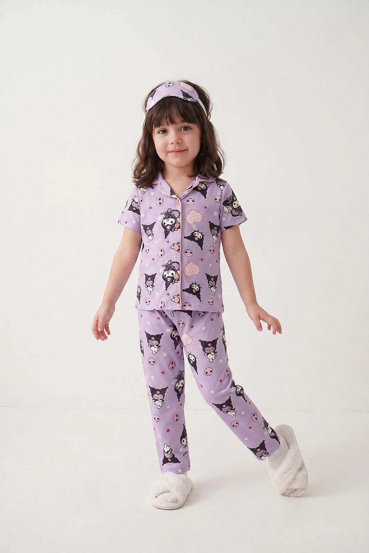 Lila(4-12 Yaş)Karakter Baskılı Kısa Kol Ön Düğmeli Göz Bandı Detaylı Kız Çocuk Pijama Takım 453243