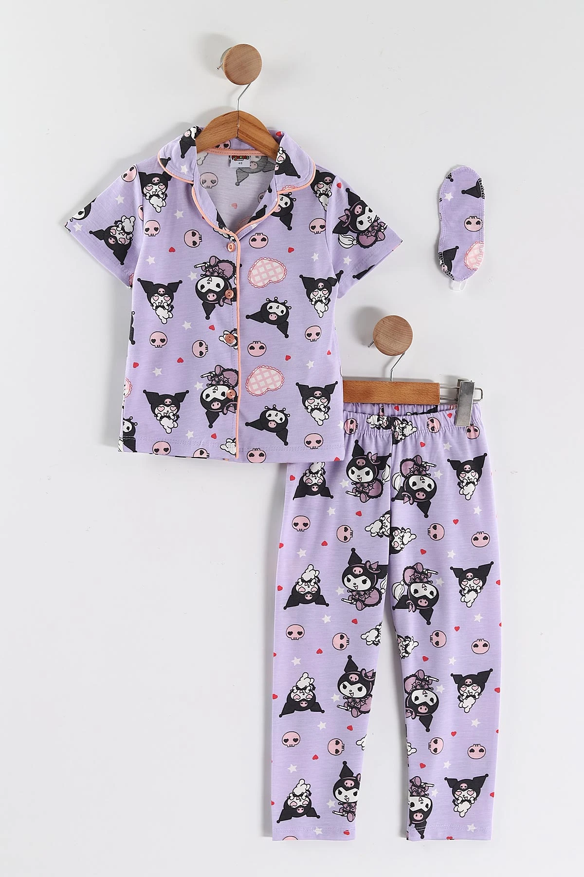 Lila(4-12 Yaş)Karakter  Baskılı Kısa Kol Ön Düğmeli Göz Bandı Detaylı Kız Çocuk Pijama Takım 453243