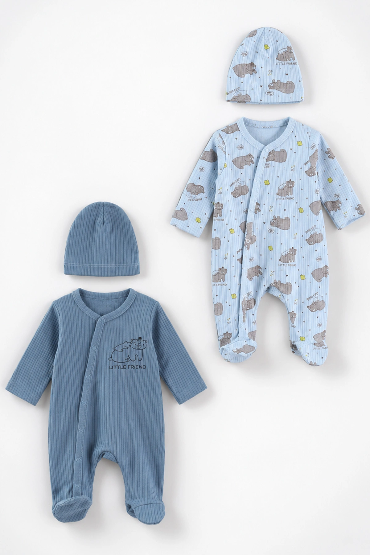 Mavi (0-3 Ay) Little Friend Baskılı Raporlu ve Patikli 2'li Erkek Bebek Tulum 486911