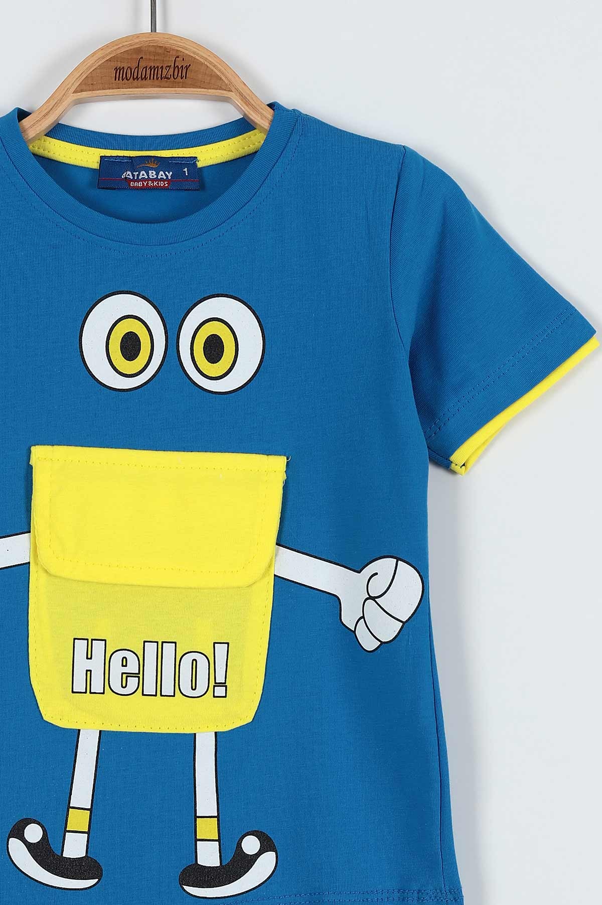 Mavi (0-4 Yaş) Hello Baskılı Cep Detaylı Erkek Bebe Tişört 185226