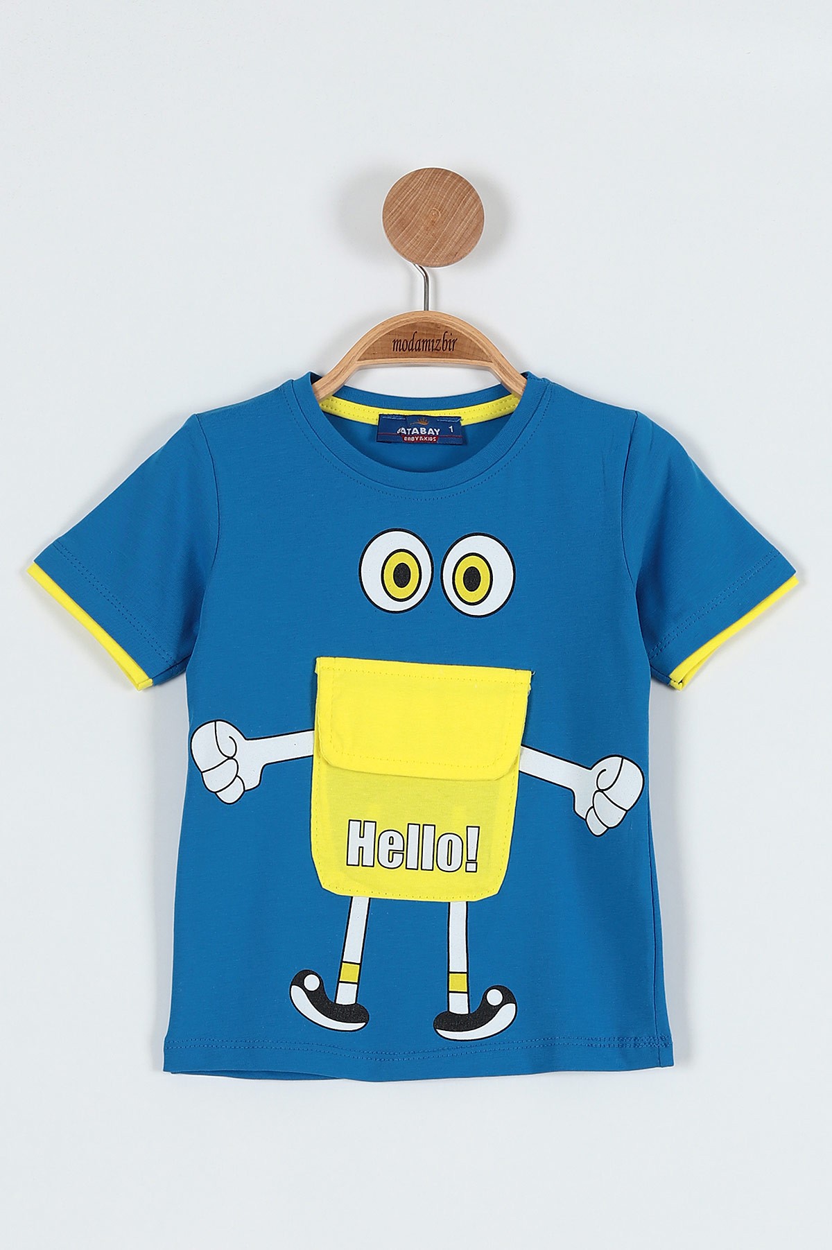 Mavi (0-4 Yaş) Hello Baskılı Cep Detaylı Erkek Bebe Tişört 185226