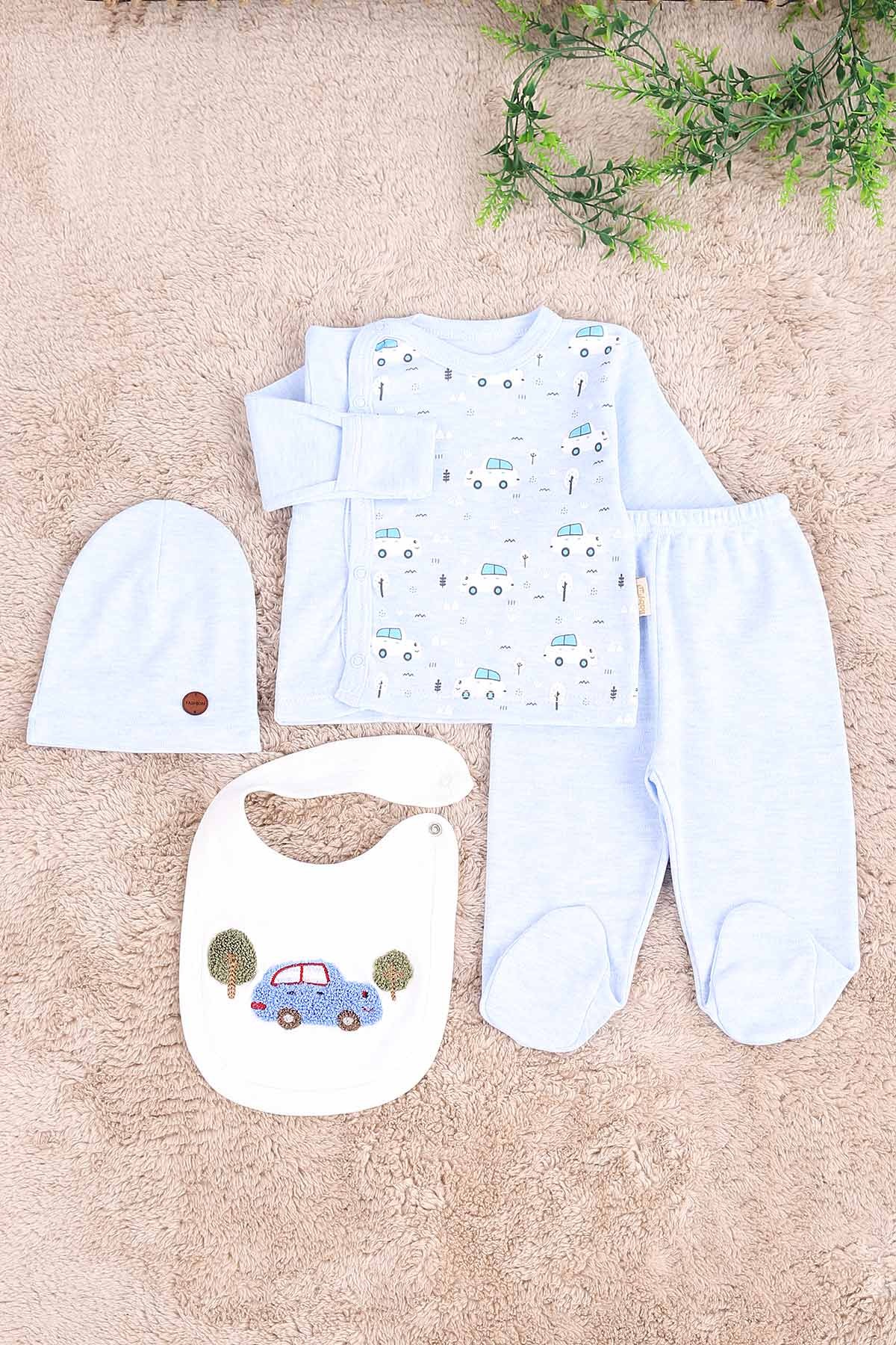 Mavi (0-6 Ay) Araba Nakışlı Çıtçıtlı 4 Lü Zıbın Takımı 171452