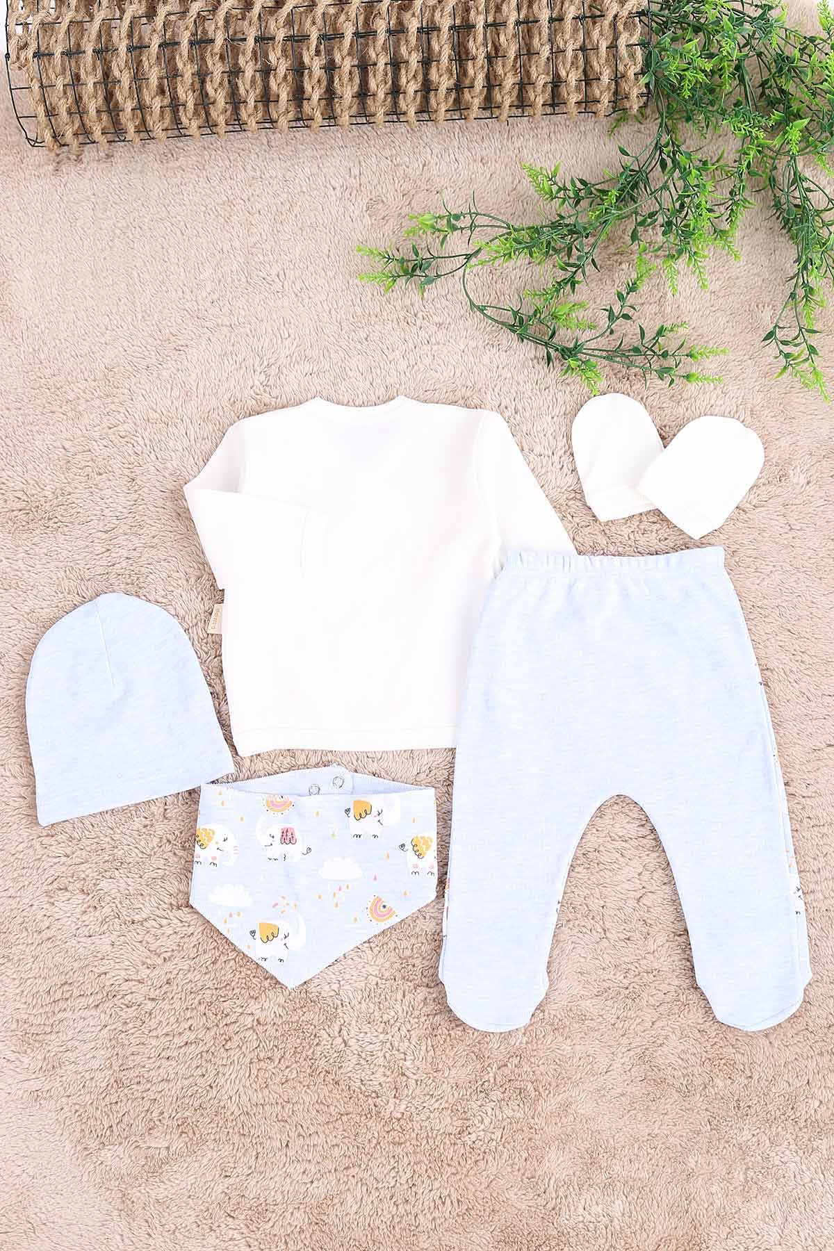 Mavi (0-6 Ay) Fil Nakışlı 5 Li Erkek Bebe Takım 171995