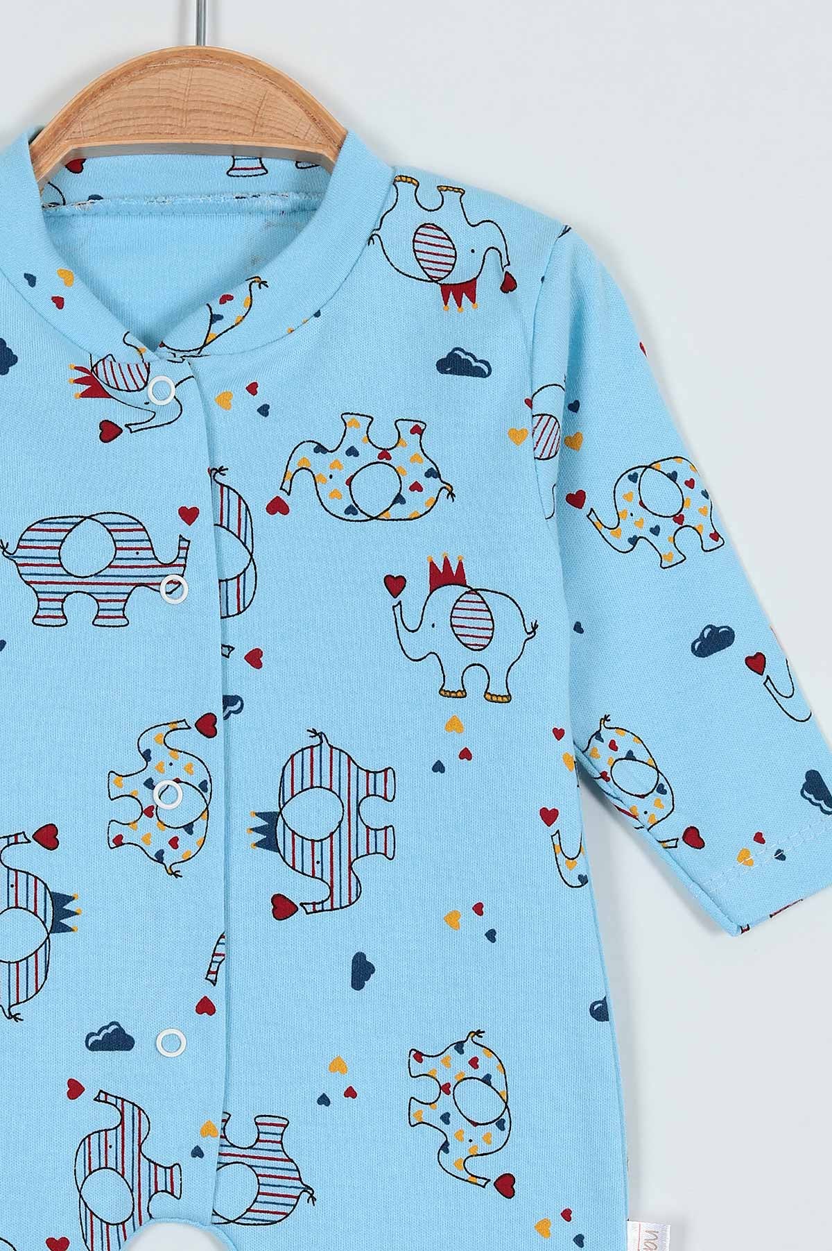 Mavi (0-9 Ay) Kalpli Fil Baskılı Çıtçıtlı Kız Bebe Tulum 203363