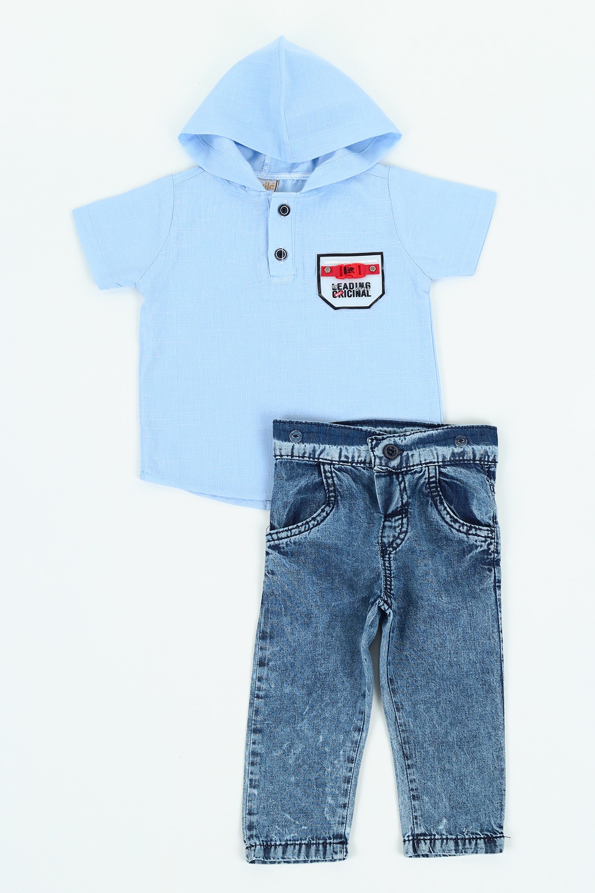 Mavi (1-3 yaş) Kapüşonlu Gömlek Kot Erkek Çocuk Takım 115315