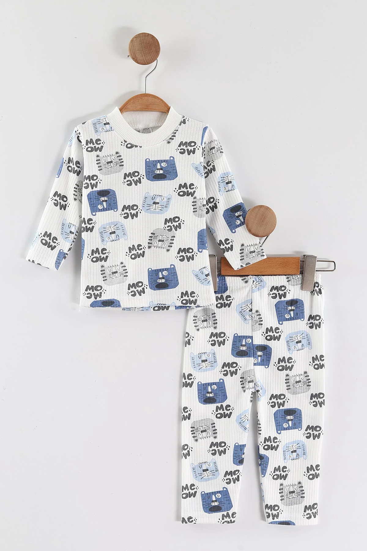 Mavi (1-3 Yaş) Kedi Desenli Raporlu Çocuk Pijama Takım 463012