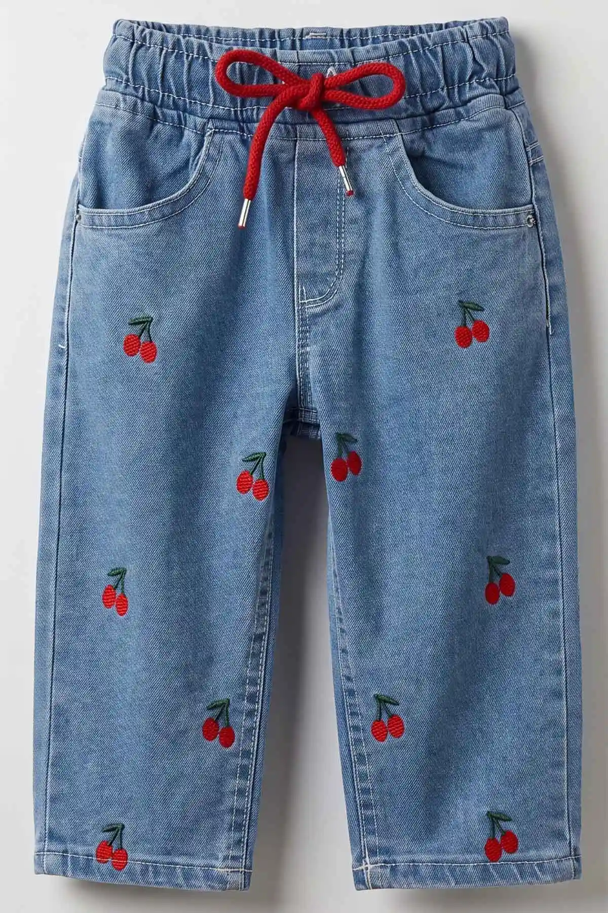 Mavi (1-5 Yaş)Kiraz Nakışlı Beli Lastikli Kız Çocuk&Bebek Kot Pantolon 492877