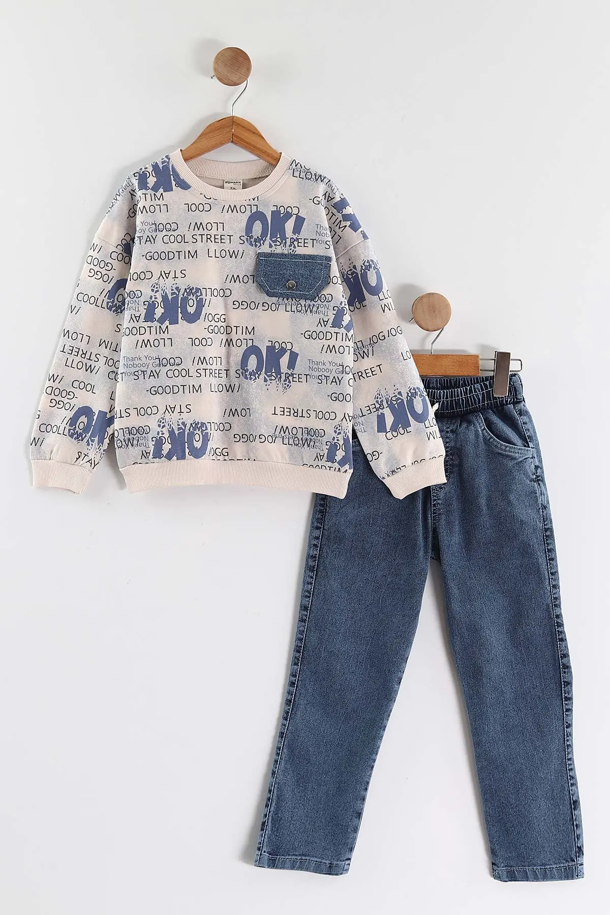 Mavi (1-9 Yaş) Ok   Baskılı Kot Pantolonlu Erkek Çocuk 2'li Takım 438544