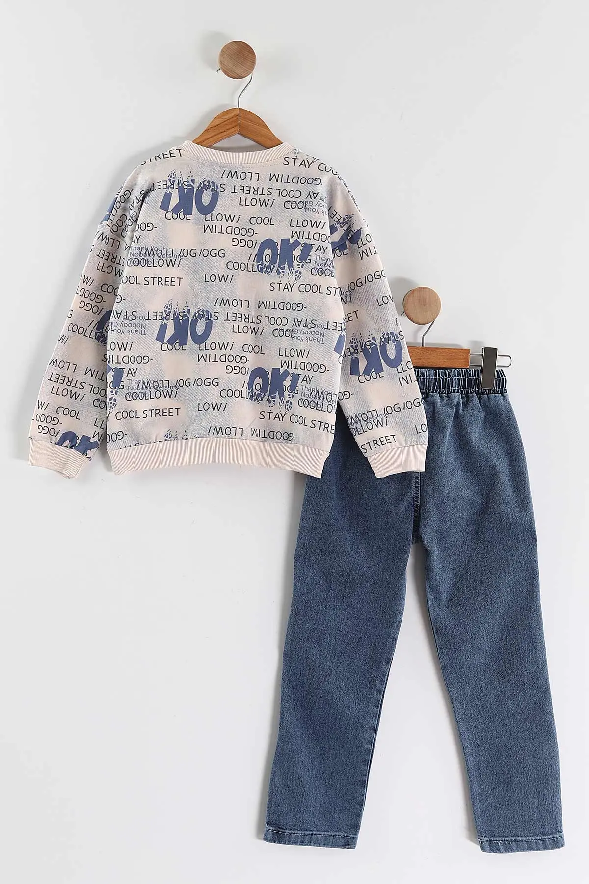 Mavi (1-9 Yaş) Ok   Baskılı Kot Pantolonlu Erkek Çocuk 2'li Takım 438544