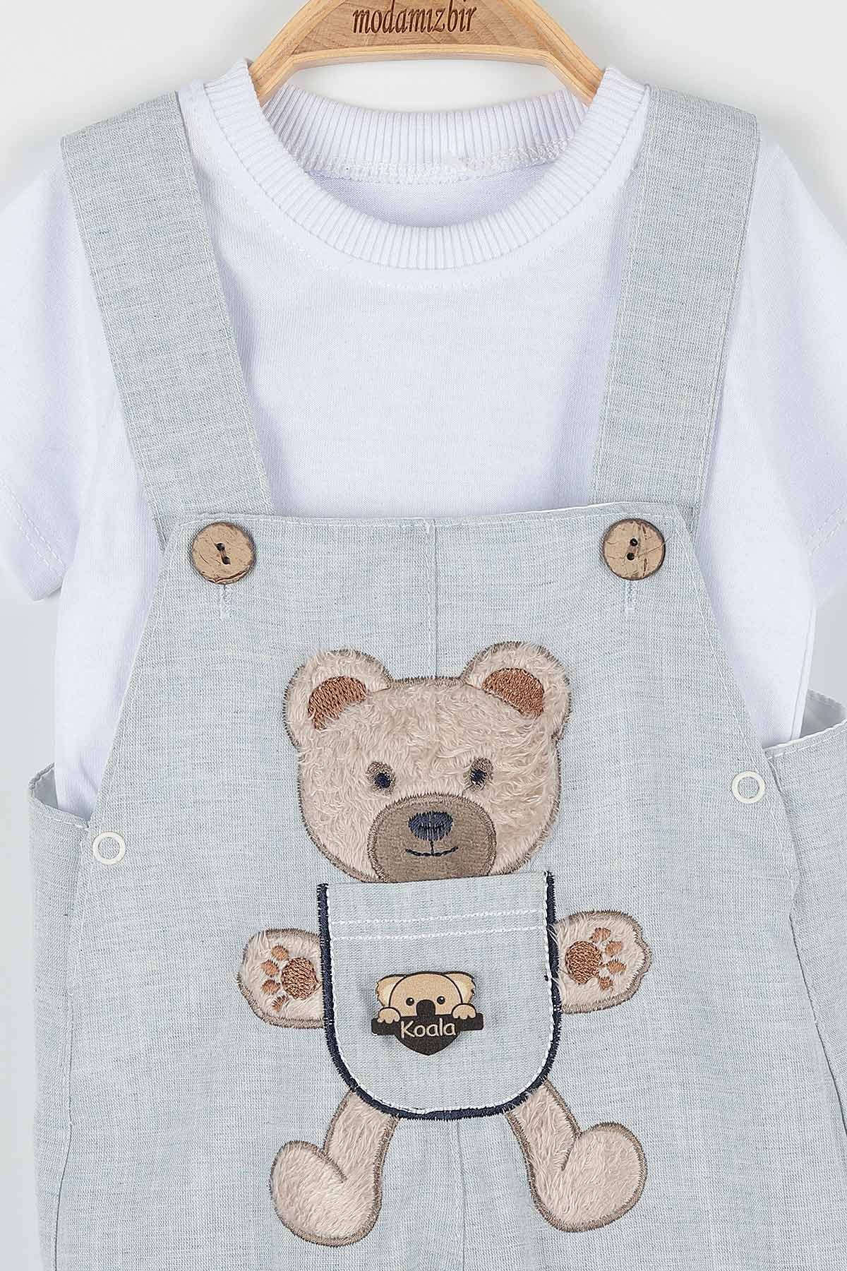 Mavi (12-24 Ay) Ayı Nakışlı Cep Detaylı Paça Lastikli Erkek Bebe Takım 169466