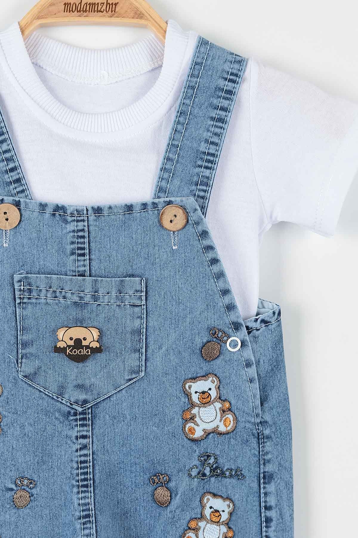 Mavi (12-24 Ay) Ayı Nakışlı Cep Detaylı Paça Lastikli  Erkek Bebe Takım 173390