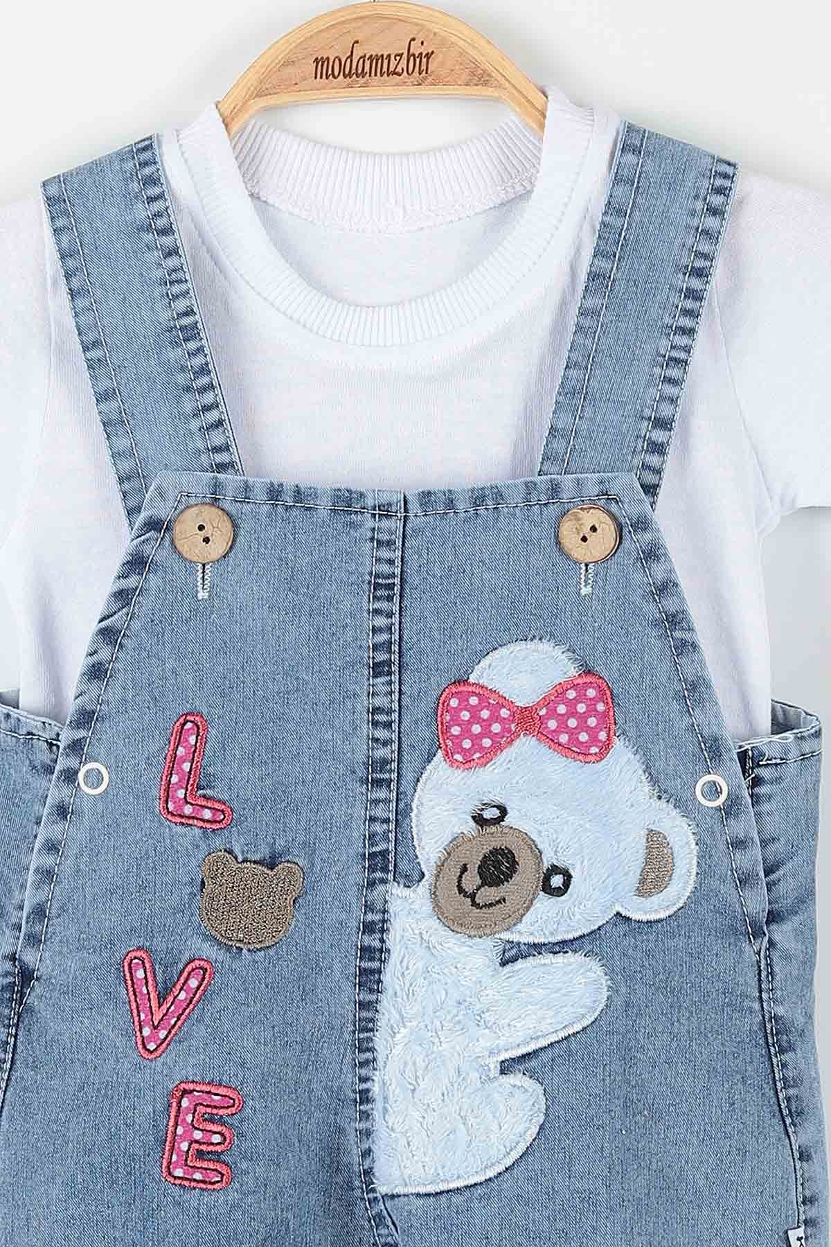 Mavi (12-24 Ay) Love Ayı Nakışlı Düğme Detaylı Paça Lastikli  Erkek Bebe Takım 173391
