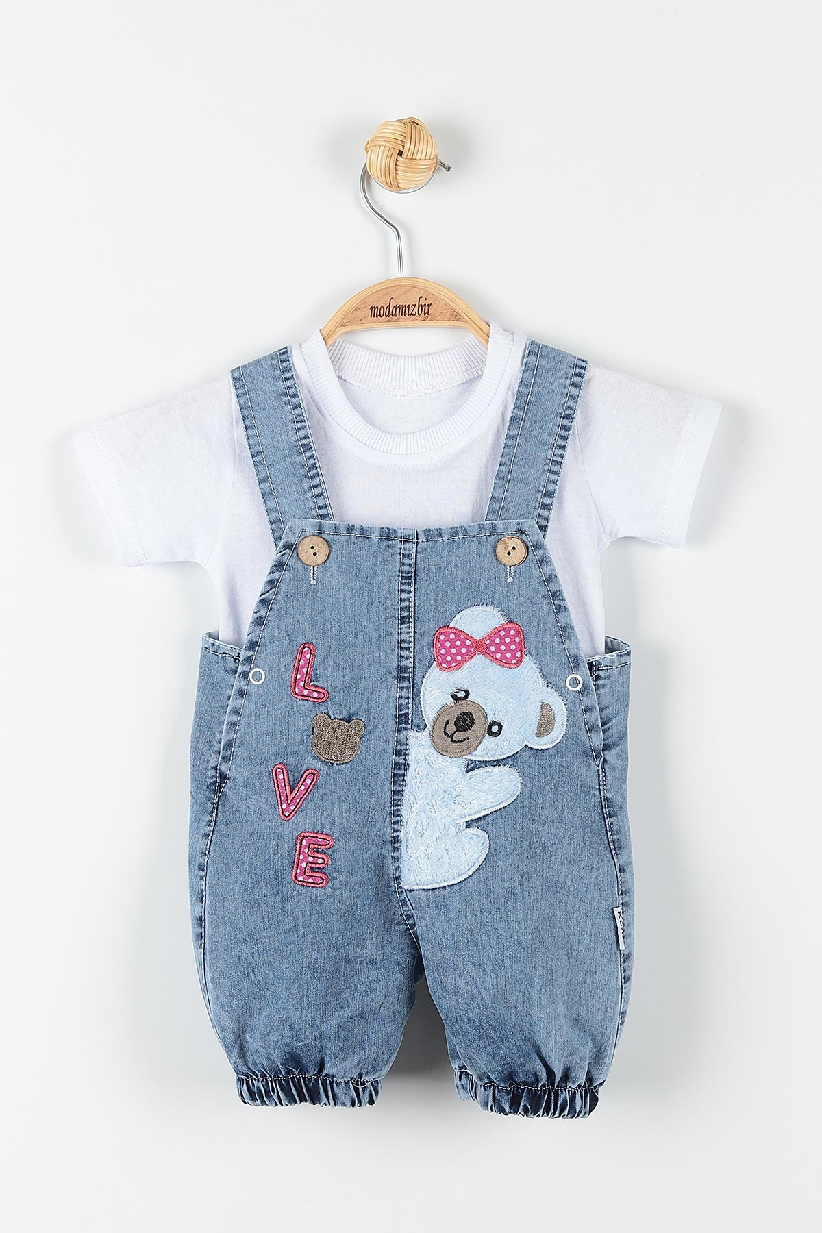 Mavi (12-24 Ay) Love Ayı Nakışlı Düğme Detaylı Paça Lastikli  Erkek Bebe Takım 173391