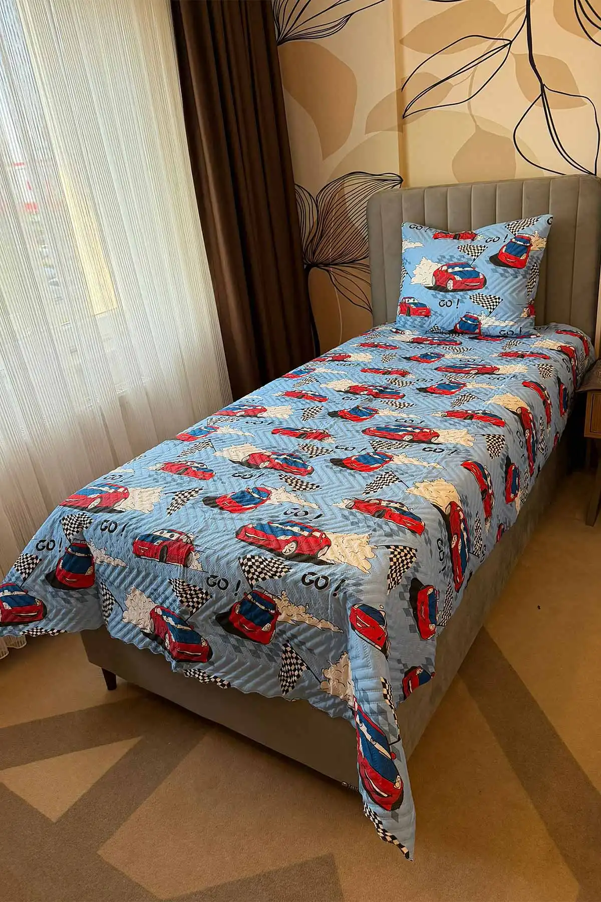 Mavi 160x240 Cm Tek Kişilik Arabalı Pike Takımı 470010