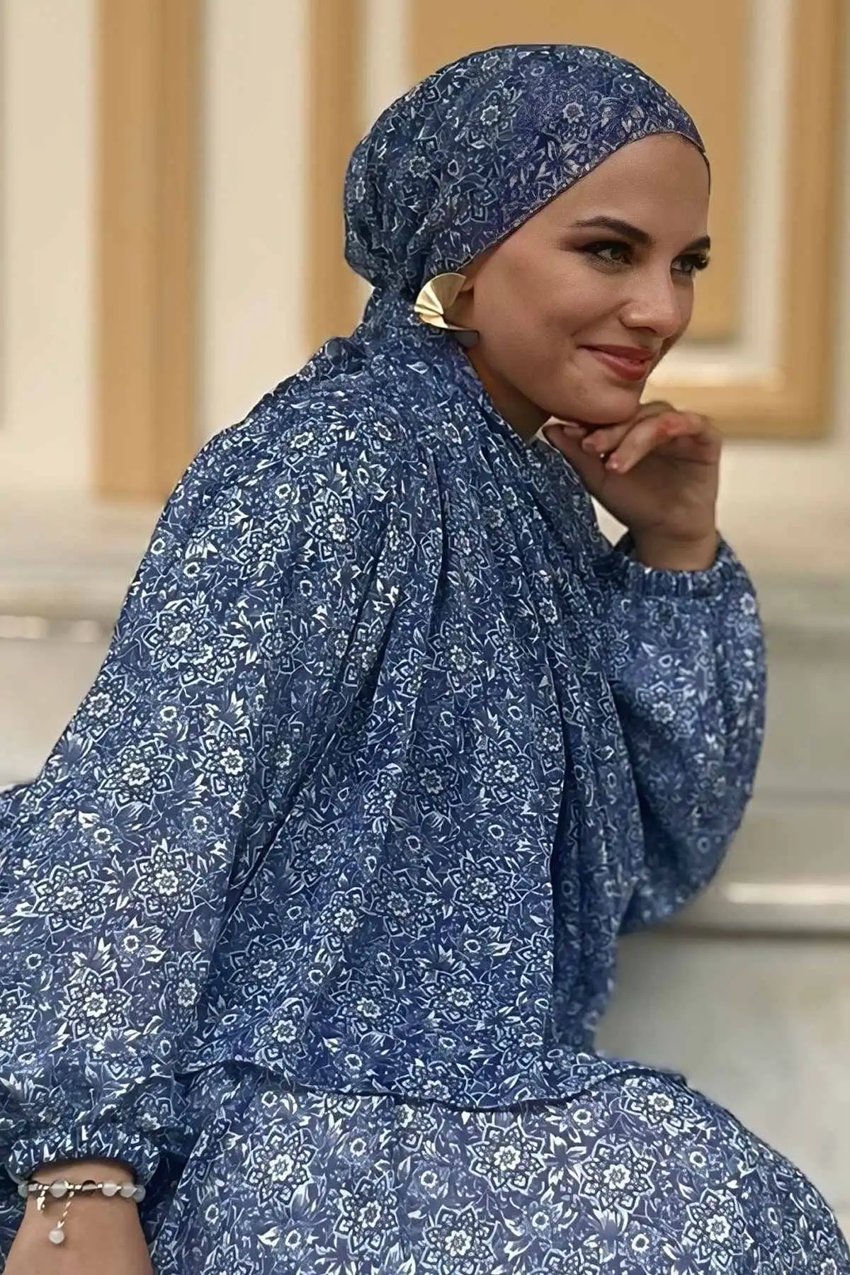 Mavi 180x70 Cm Belladonna Desenli Şifon Şal 400984