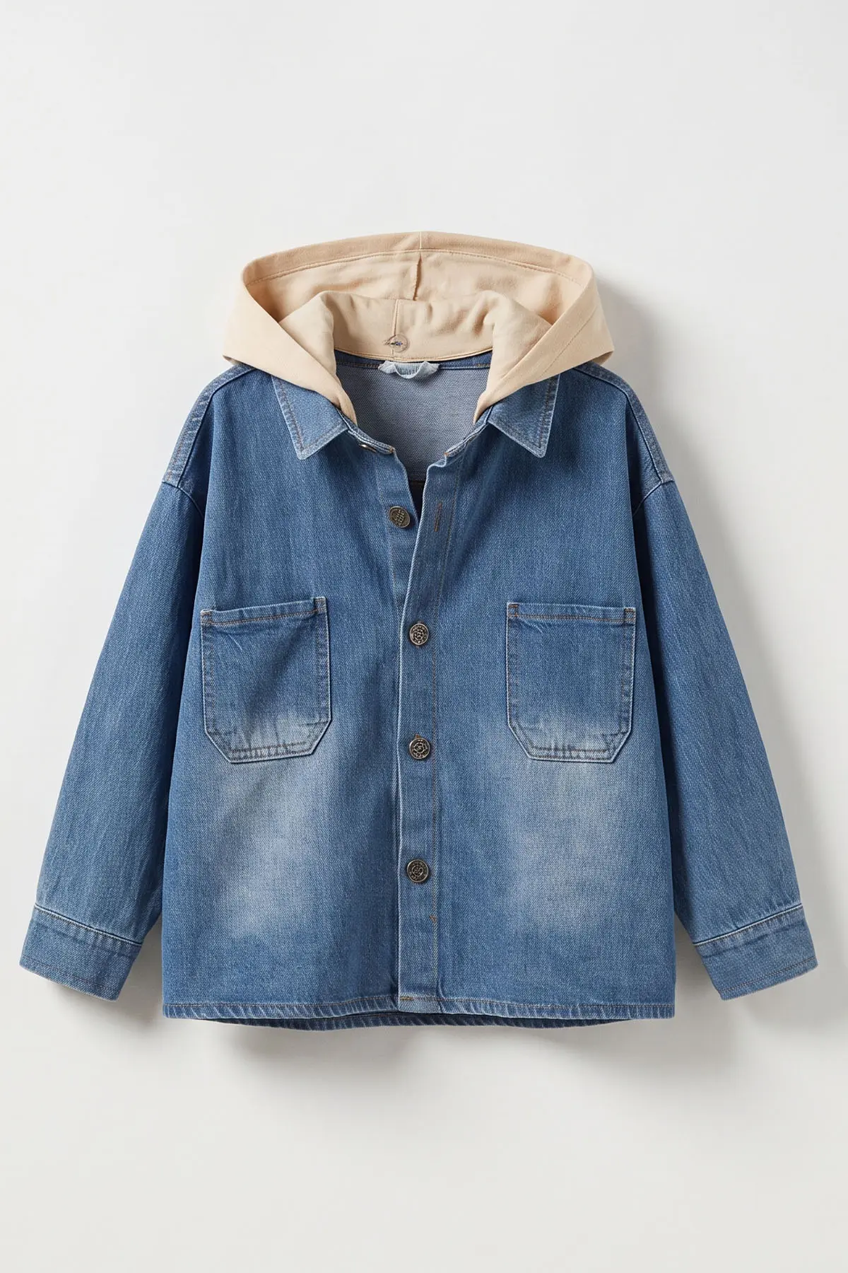 Mavi (2-14 Yaş) Çıkarılabilir Kapüşonlu Çit Cepli Oversize Çocuk Kot Ceket 478432