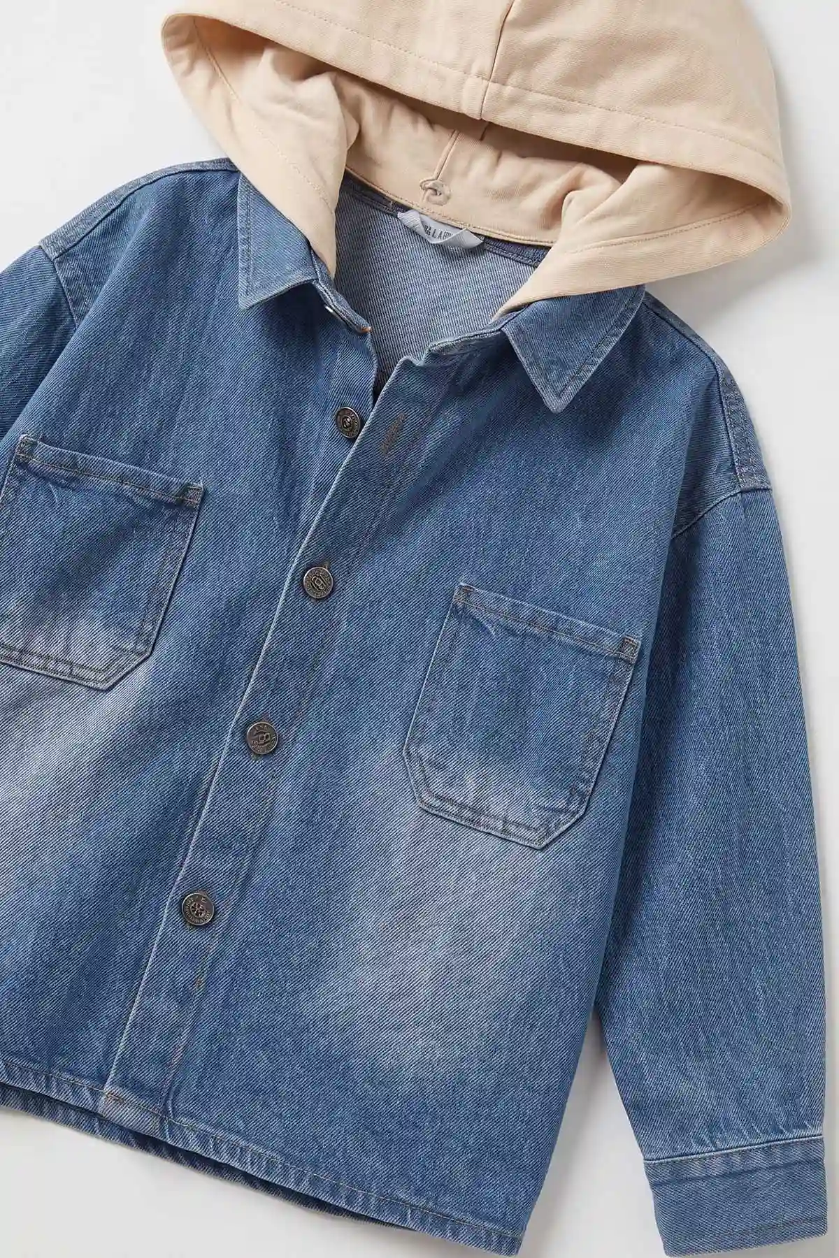 Mavi (2-14 Yaş) Çıkarılabilir Kapüşonlu Çit Cepli Oversize Çocuk Kot Ceket 478432