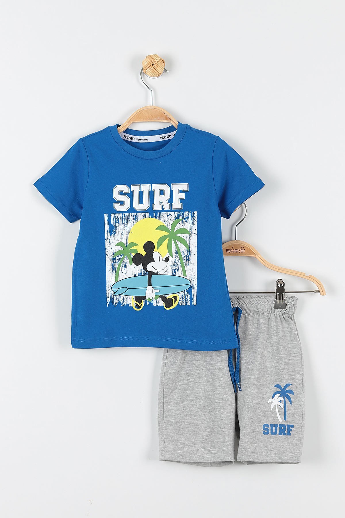 Mavi (2-5 Yaş) Surf Palmiye Baskılı Belden Bağlamalı Şortlu Erkek Çocuk Takım 173636