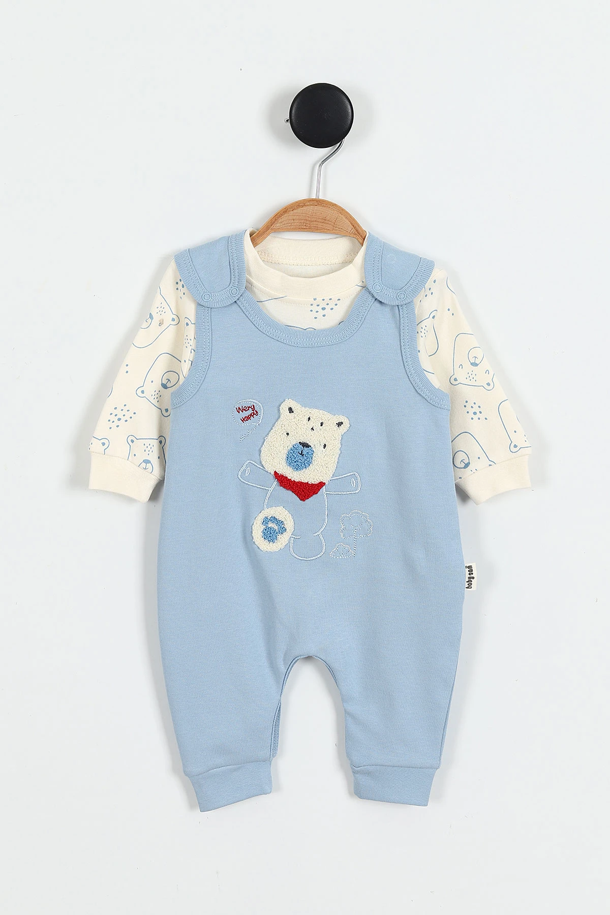 Mavi (3-12 Ay)Fularlı Ayı Nakışlı Erkek Bebek Salopet Takım 424718