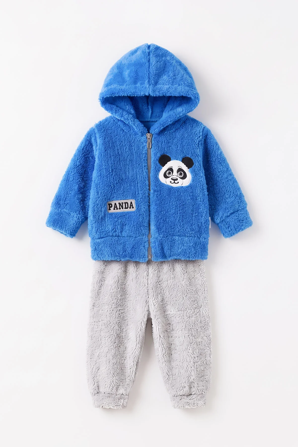 Mavi (3-24 Ay) Panda Nakışlı Fermuarlı ve Kapüşonlu Erkek Bebek Peluş Takım 497028