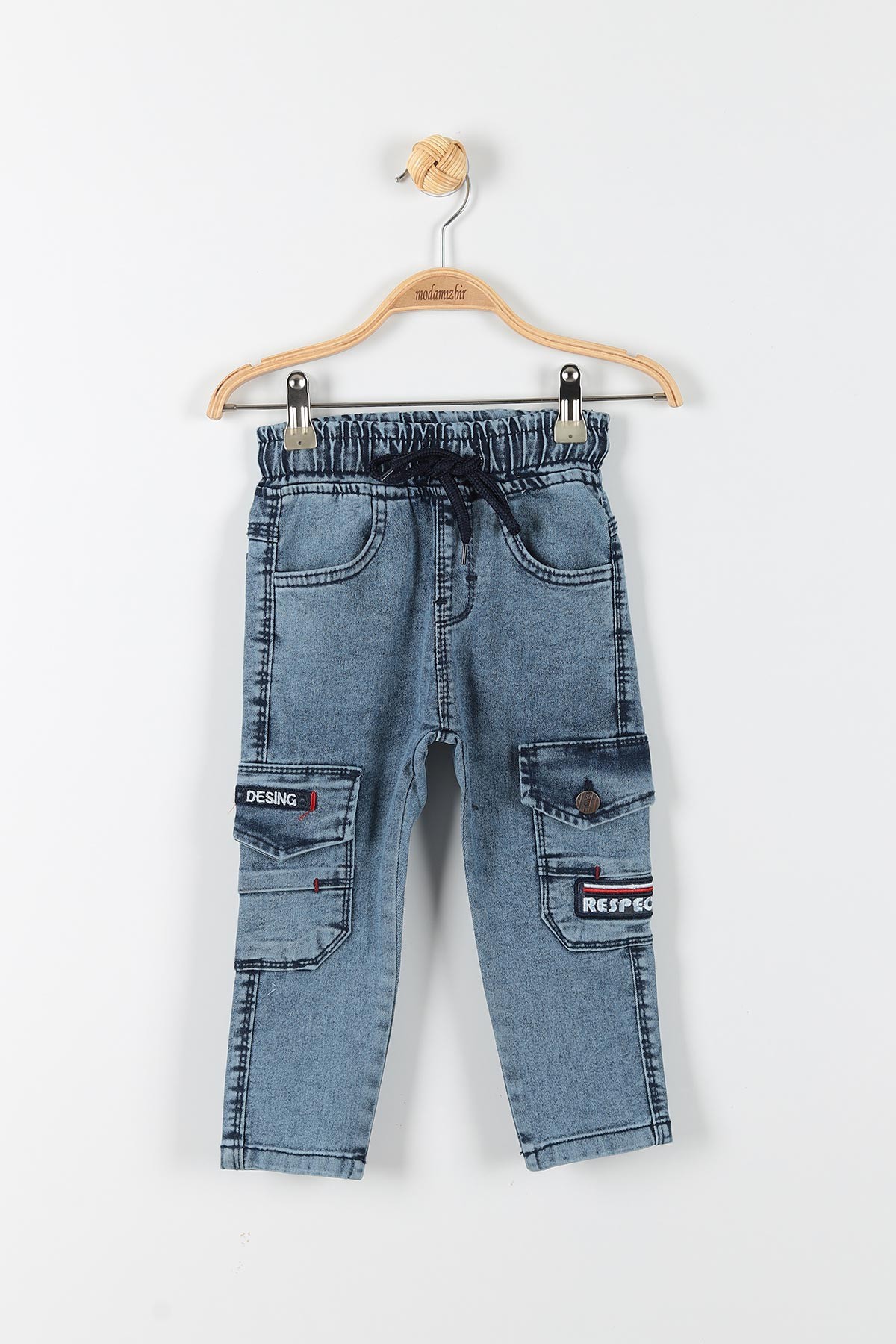 Mavi (3-7 Yaş) Beli Lastikli Belden Bağlamalı Respect Nakışlı Kargo Cep Detaylı Erkek Çocuk Pantolon 174678