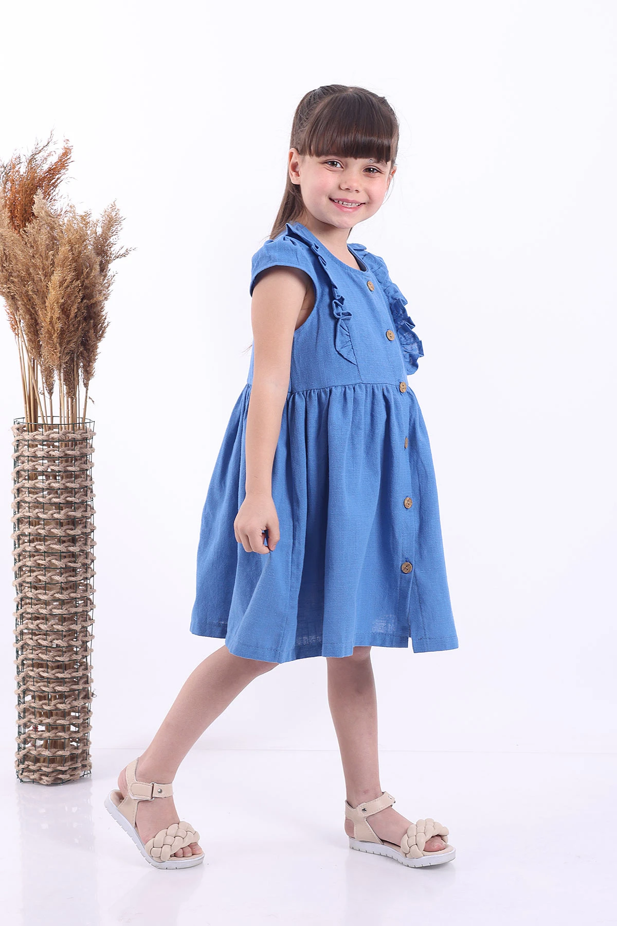 Mavi (3-8 Yaş)Önden Fırfırlı Düğmeli Kız Çocuk Elbise 345125