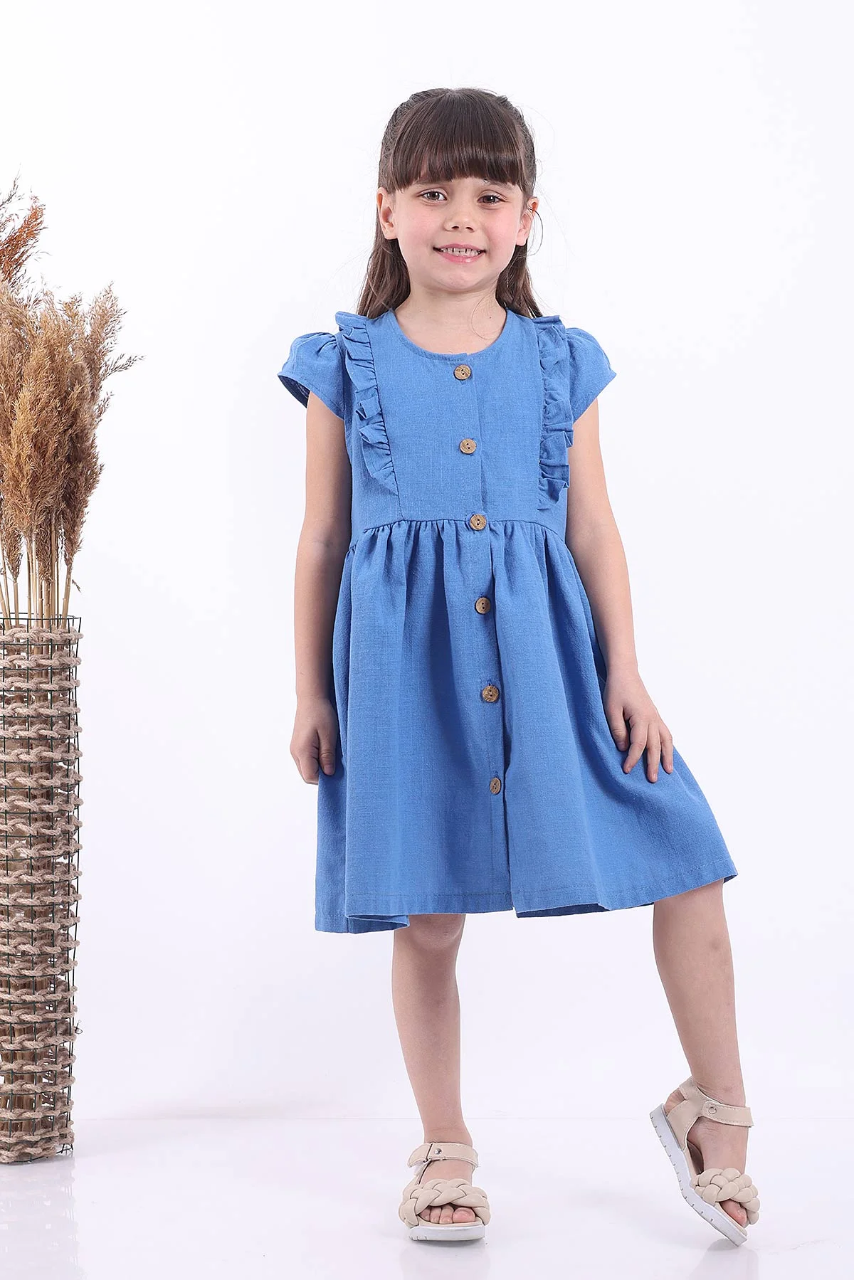 Mavi (3-8 Yaş)Önden Fırfırlı Düğmeli Kız Çocuk Elbise 345125